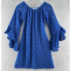 Judith March Dress Womens Sz S Blue Crochet Eyelet Lace Bell Sleeves Hippie